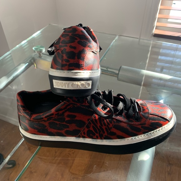 JIMMY CHOO Red/Black Leopard print Saffiano Leather Sneakers. Size 42 Menβs - Picture 5 of 6